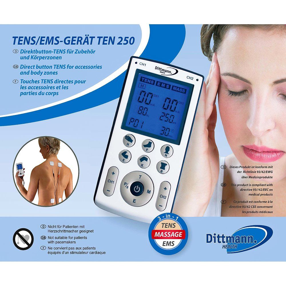 TENS/EMS-Gerät TEN 250. Digitales Display, Bedienknöpfe. Produktabbildung mit Frau. Text: Direktbutton-TENS.