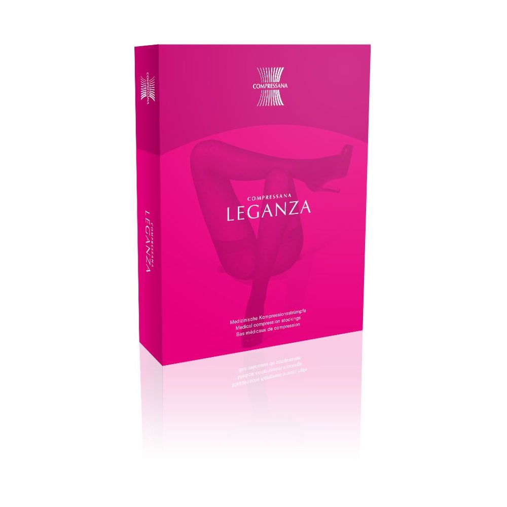 Rosa Verpackung der Compressana Leganza Kompressions-Strumpfhose. Produktabbildung auf der Verpackung. Schriftzug Leganza.