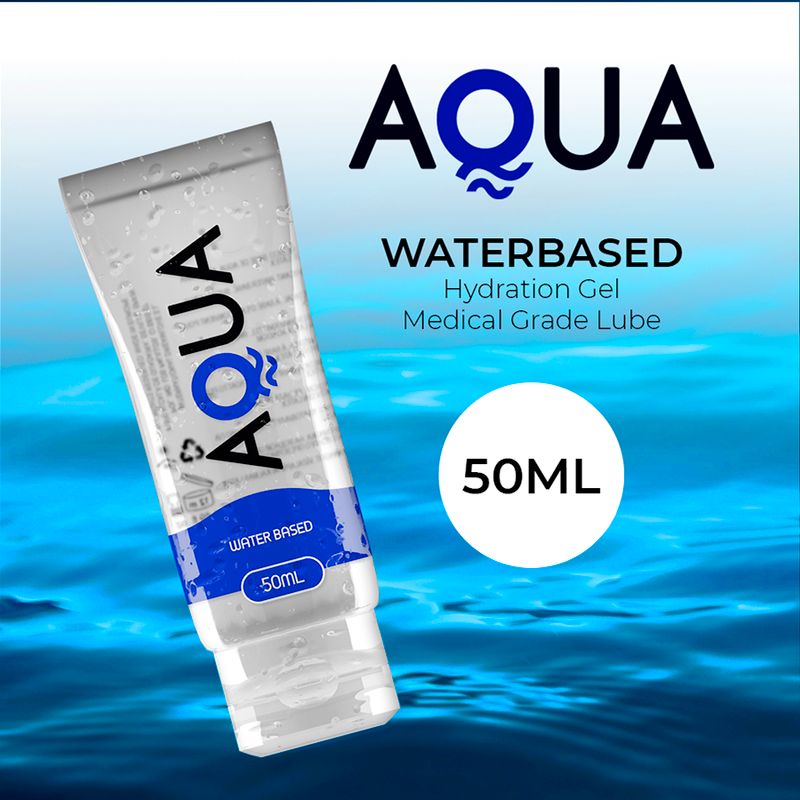 AQUA Hydration Gel, medizinische Gleitcreme, 50ml, auf blauem Wasserhintergrund.