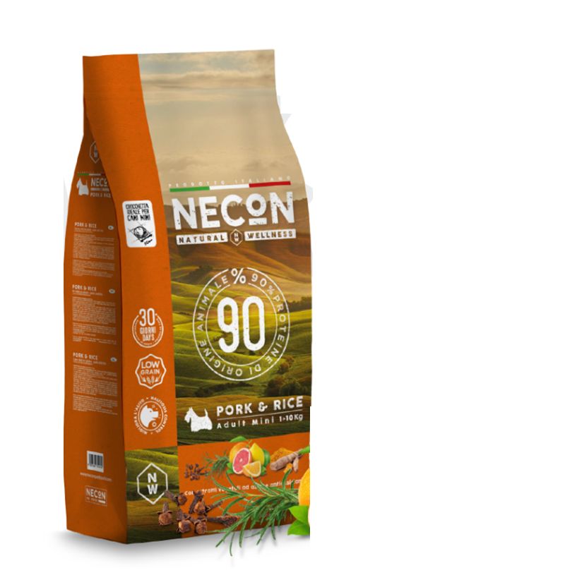 Verpackung von Necon-Petfood. Aufdruck: 90% tierischen Ursprungs, Schwein & Reis, Adult Mini. Logo: Necon Natural & Wellness.