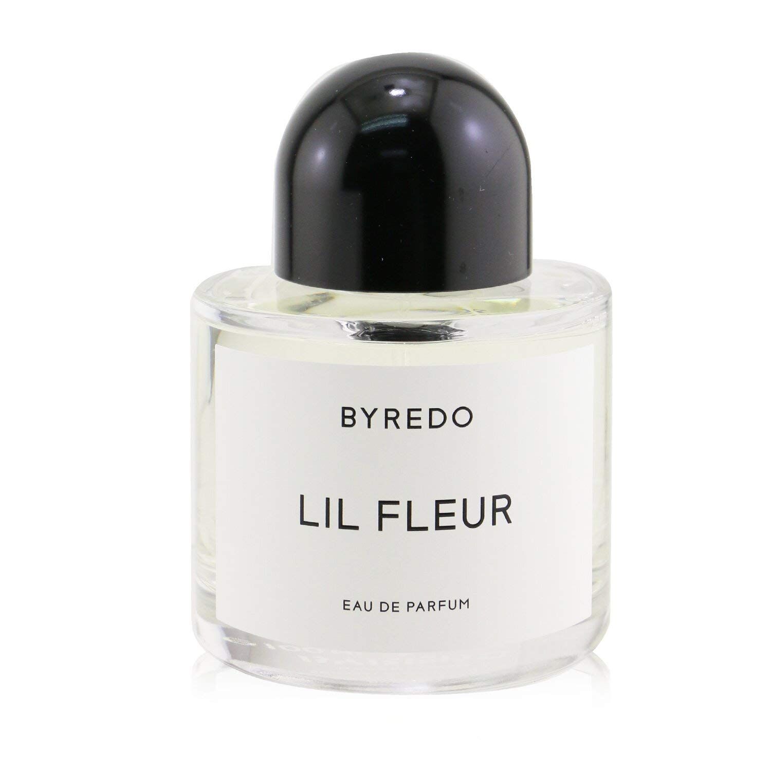 Parfümflakon mit schwarzem Deckel. Klarer, zylindrischer Glasbehälter. Text: BYREDO, LIL FLEUR, Eau de Parfum.