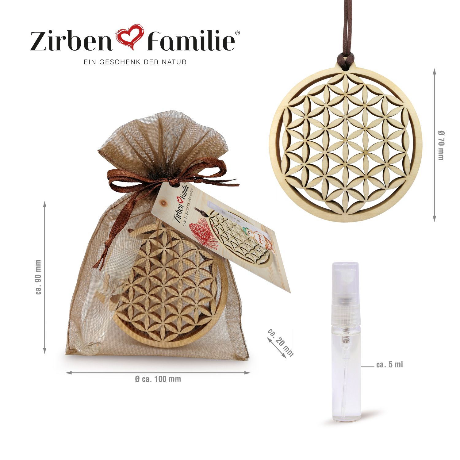 ZirbenFamilie ZirbenBlume Anhänger inkl. ZirbenSpray