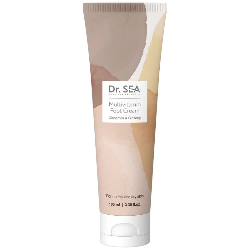 Creme-Tube mit Aufschrift "Dr. SEA Multivitamin Fußcreme". Enthält Zimt & Ginseng. Für normale und trockene Haut.