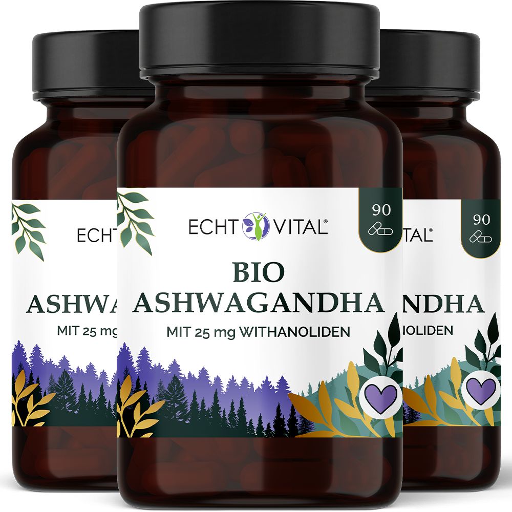 Drei Flaschen Echt Vital Bio Ashwagandha mit je 90 Kapseln. Dunkle Glasflaschen mit schwarzen Deckeln und Etiketten, die Wald und Berge zeigen.