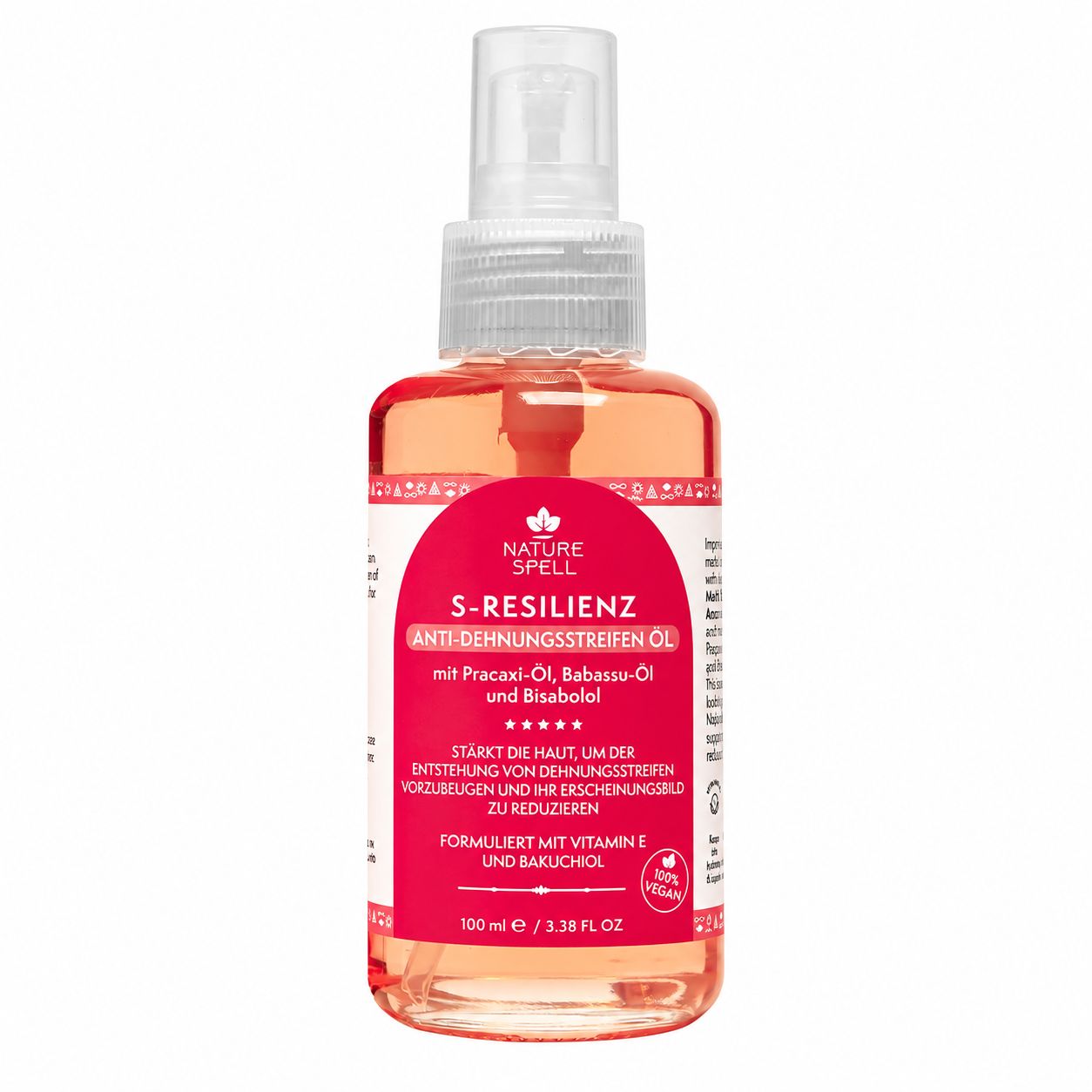 Flasche mit S-Resilienz Anti-Dehnungsstreifenöl von Nature Spell mit Blumen.