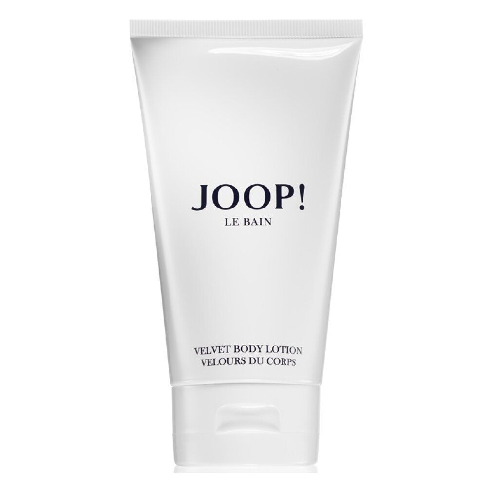 Weiße Tube. JOOP! Le Bain. Velvet Body Lotion. Blau-schwarze Schrift. Produktverpackung.