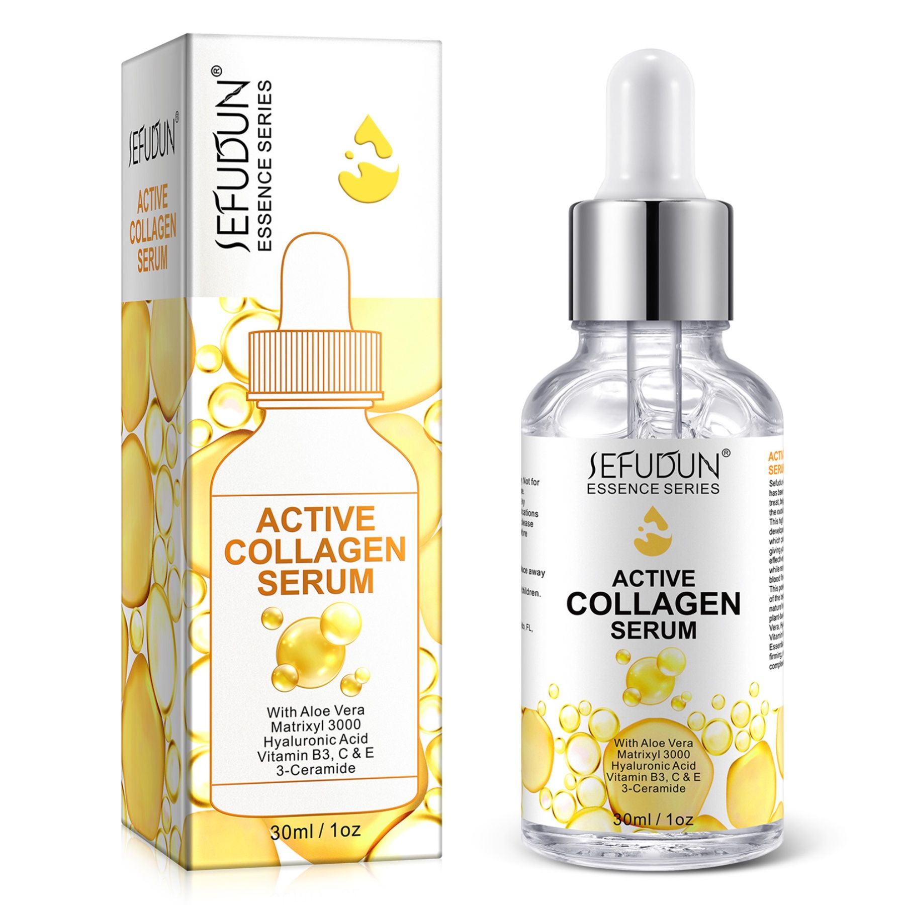 Serumflasche und Verpackung. Aufschrift: Active Collagen Serum. Enthält Aloe Vera, Matrixyl 3000, Hyaluronsäure, Vitamin B3, C & E, 3-Ceramide.
