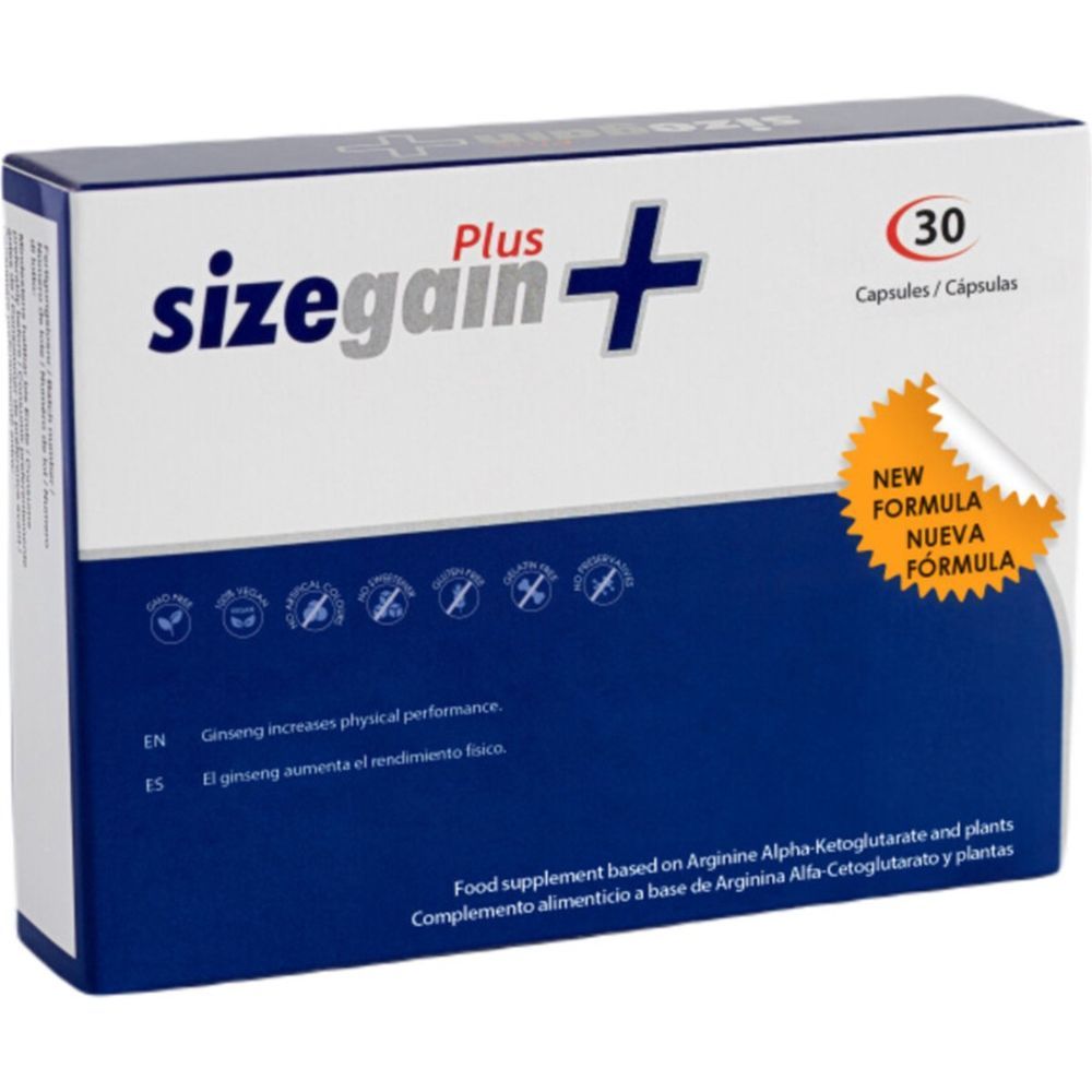 Blaue Schachtel "SizeGain Plus" mit 30 Kapseln. "New Formula" Aufkleber. Text in Englisch und Spanisch.