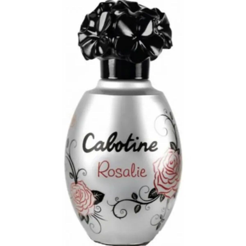 Silberfarbener Flakon mit schwarzem Blütenverschluss. Aufschrift Cabotine Rosalie, Rosen-Dekor.