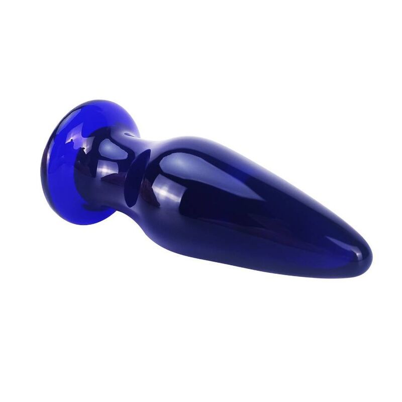 Blauer Glas-Analplug. Kegelförmig mit rundem Kopf und Basis. Glänzende Oberfläche.