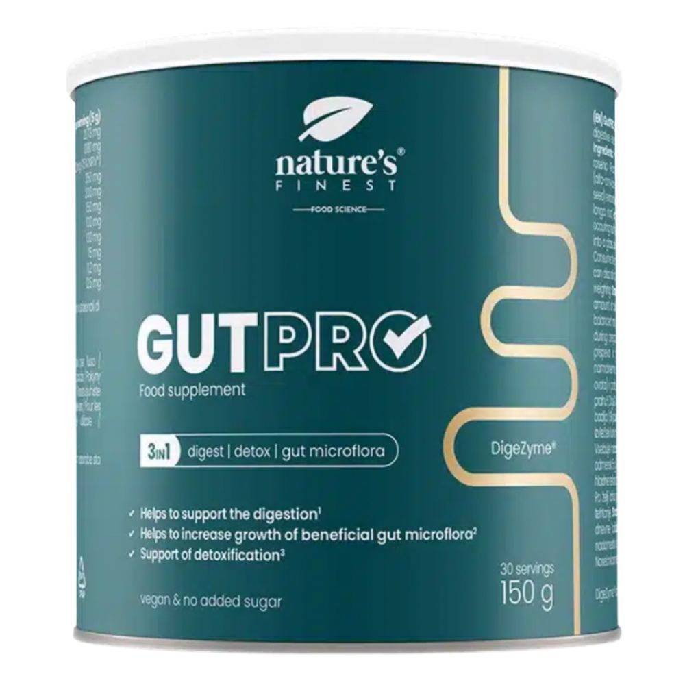 Runde Dose Nature's Finest GutPRO. Türkis-farben, weißer Deckel. Text: GutPRO, 3in1, 150g, vegan. Logo: Blatt. Schriftzug: Nature's Finest.