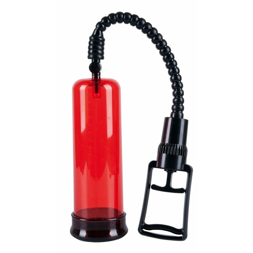 Zylindrisches Gerät mit rotem Zylinder, schwarzem Griff und Schlauch. Schwarzer Griff mit T-Form. Schwarzer Sockel.