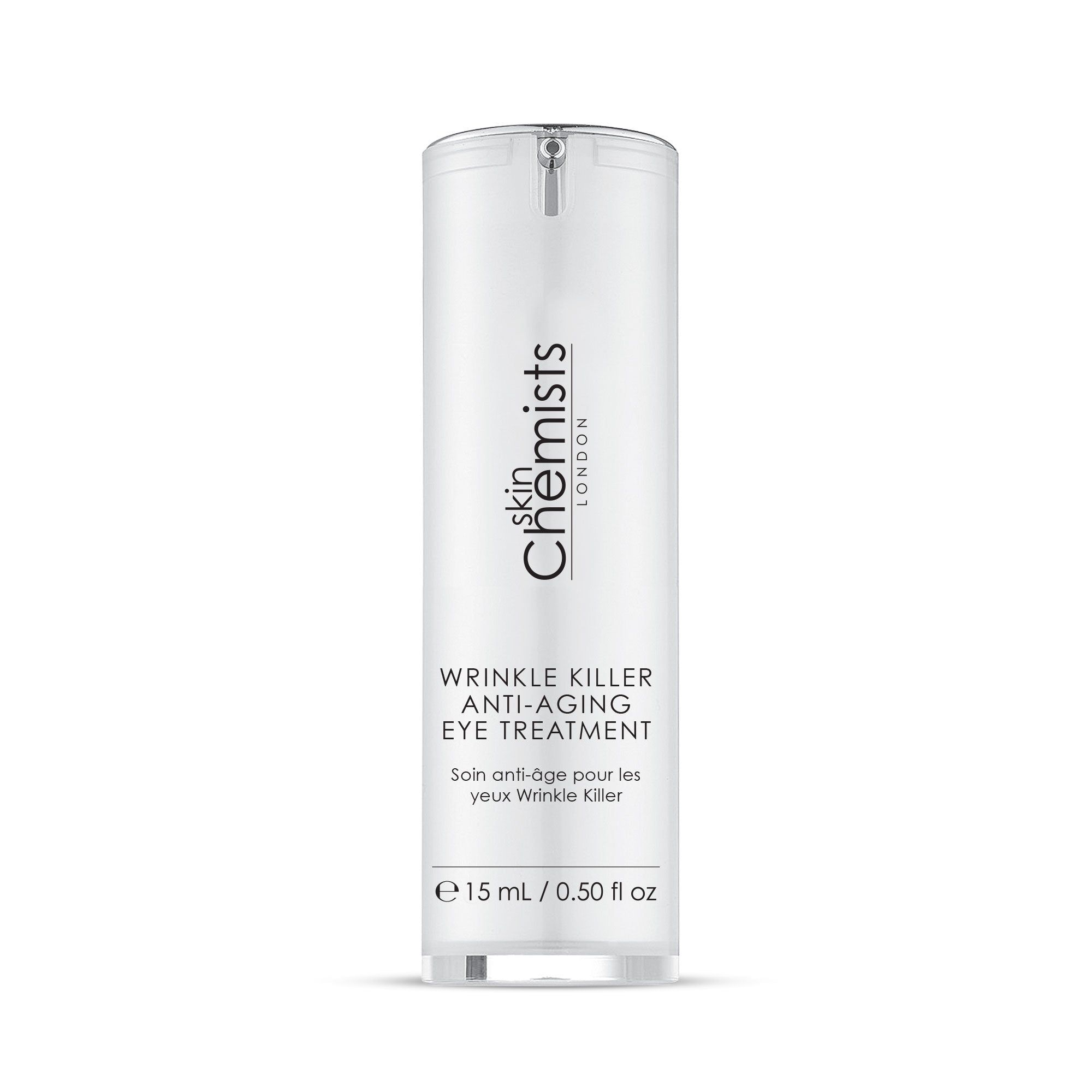 Zylinderförmige Augenbehandlung. Weißer Behälter mit silbernem Deckel. Text: Wrinkle Killer Anti-Aging Eye Treatment, 15 ml / 0.50 fl oz.