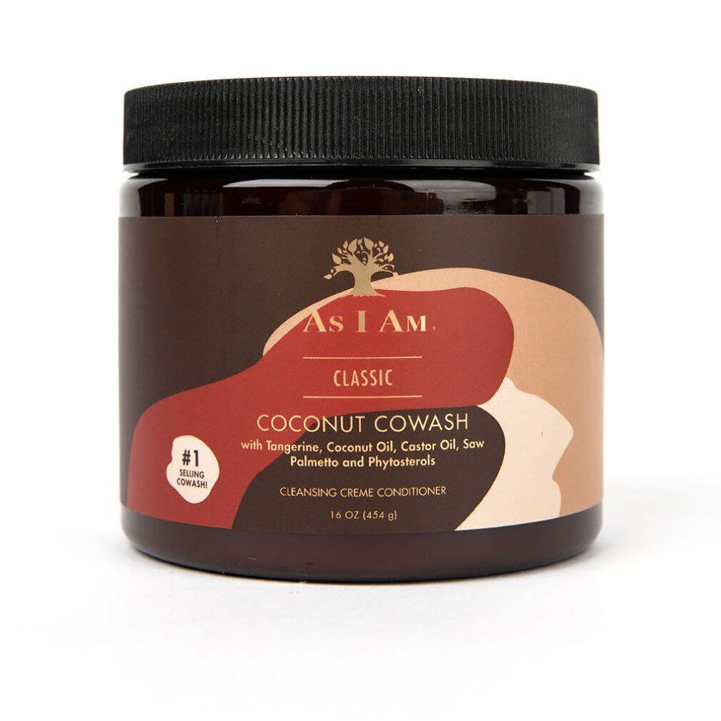 Braune Dose mit schwarzem Deckel. Aufschrift: As I Am Classic Coconut CoWash Cleansing Creme Conditioner. 16 oz./454 g.