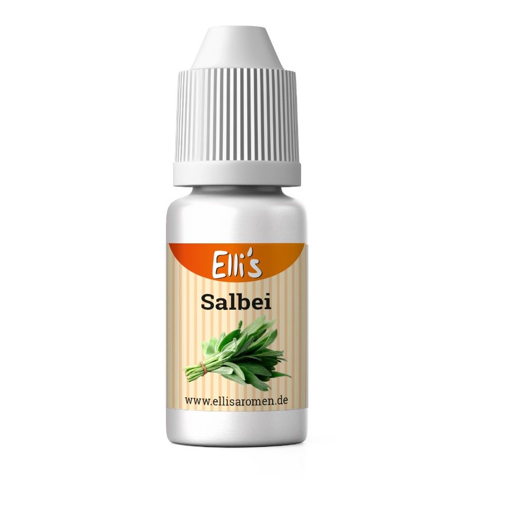 Fläschchen mit Etikett. Aufschrift: Elli's Salbei. Abbildung von Salbeiblättern. www.ellisaromen.de.