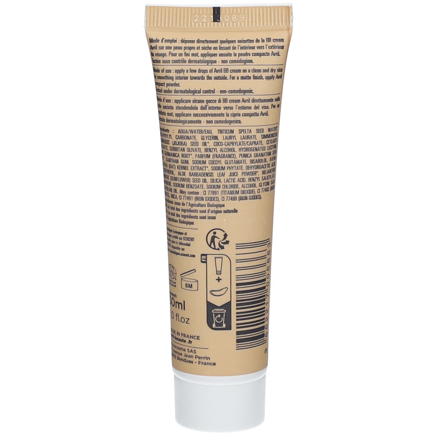 Rückseite einer beigefarbenen Tube. Text: Inhaltsstoffe, Anwendungshinweise, Zertifizierungen, Herkunft. Aufschrift: 30ml.