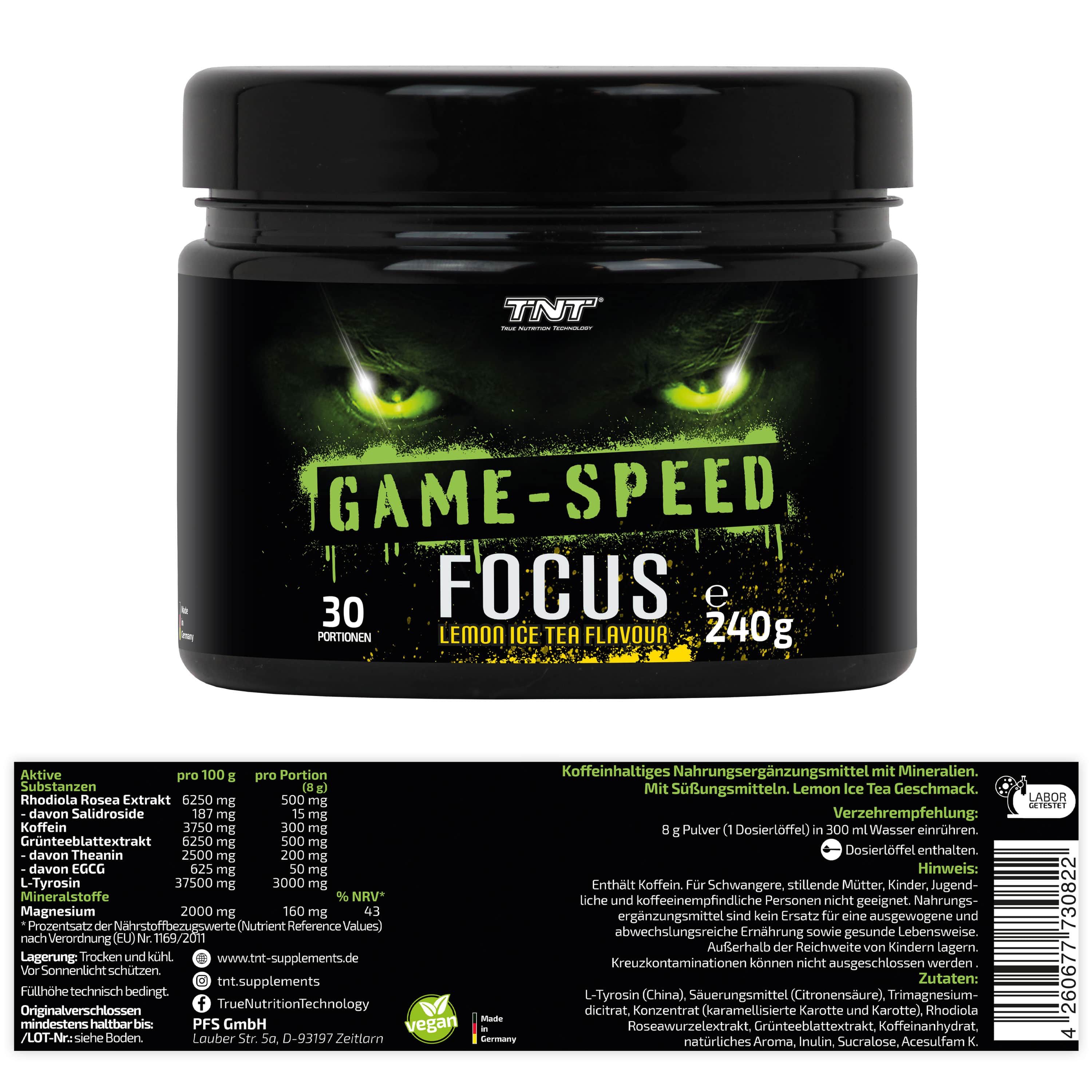 Schwarze Dose mit grünem Etikett. Text: GAME-SPEED FOCUS, 30 Portionen, 240g, Lemon Ice Tea Flavour. TNT Logo. Rückseite mit Inhaltsstoffen.