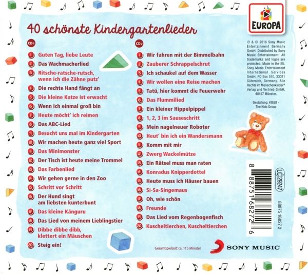 Rückseite der CD-Hülle "40 schönste Kindergartenlieder". Titel, Songtexte, Logo "Sony Music". Teddybär-Illustration.