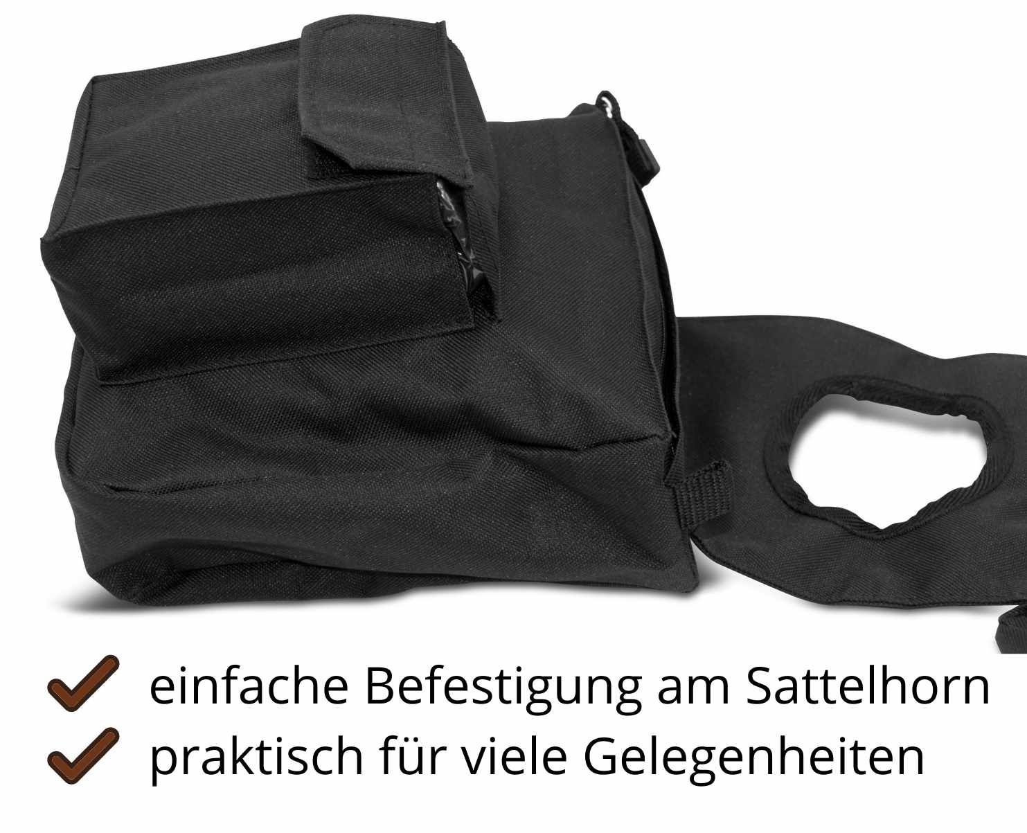 Schwarze AMKA Hornpacktasche. Detailansicht mit geöffneter Klappe. Text: einfache Befestigung am Sattelhorn, praktisch für viele Gelegenheiten.
