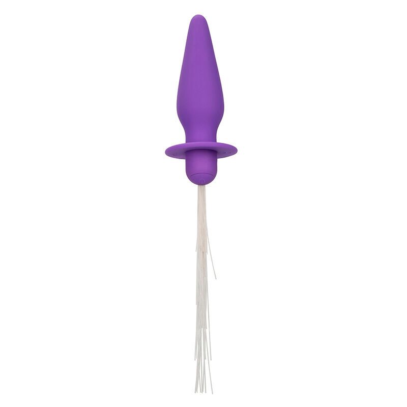 Lila Analstecker mit konischer Form, breiter Basis und weißen Fasern. Aus Silikon.