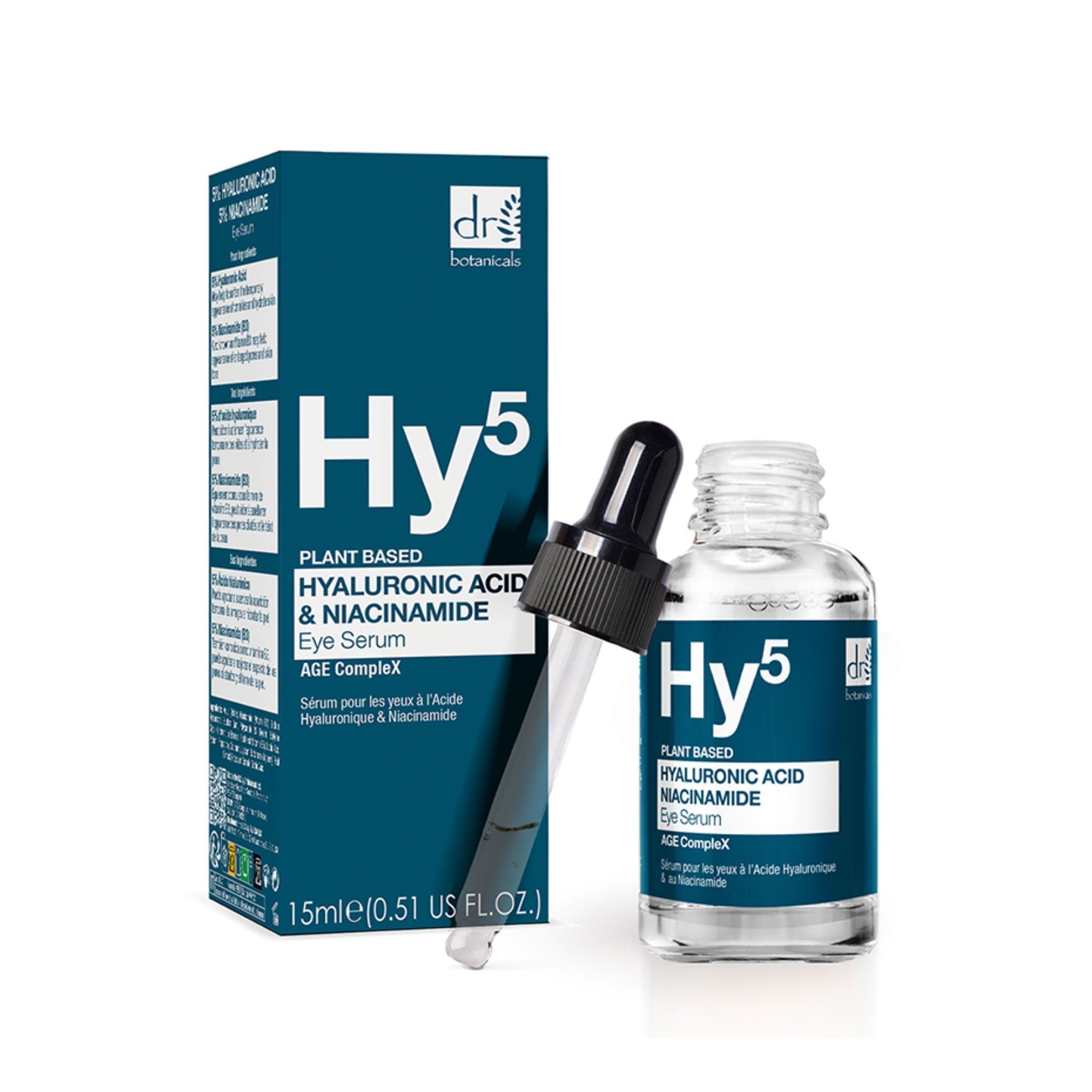 Flasche mit Pipette und Schachtel. Aufschrift Hy5, Dr Botanicals, Hyaluronsäure, Niacinamid. Blaue Etiketten.