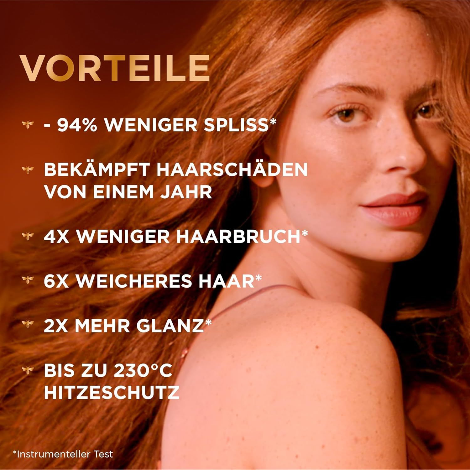 Frau mit roten Haaren. Text: Vorteile. 94% weniger Spliss, bekämpft Haarschäden, 4x weniger Haarbruch, 6x weicheres Haar, 2x mehr Glanz.