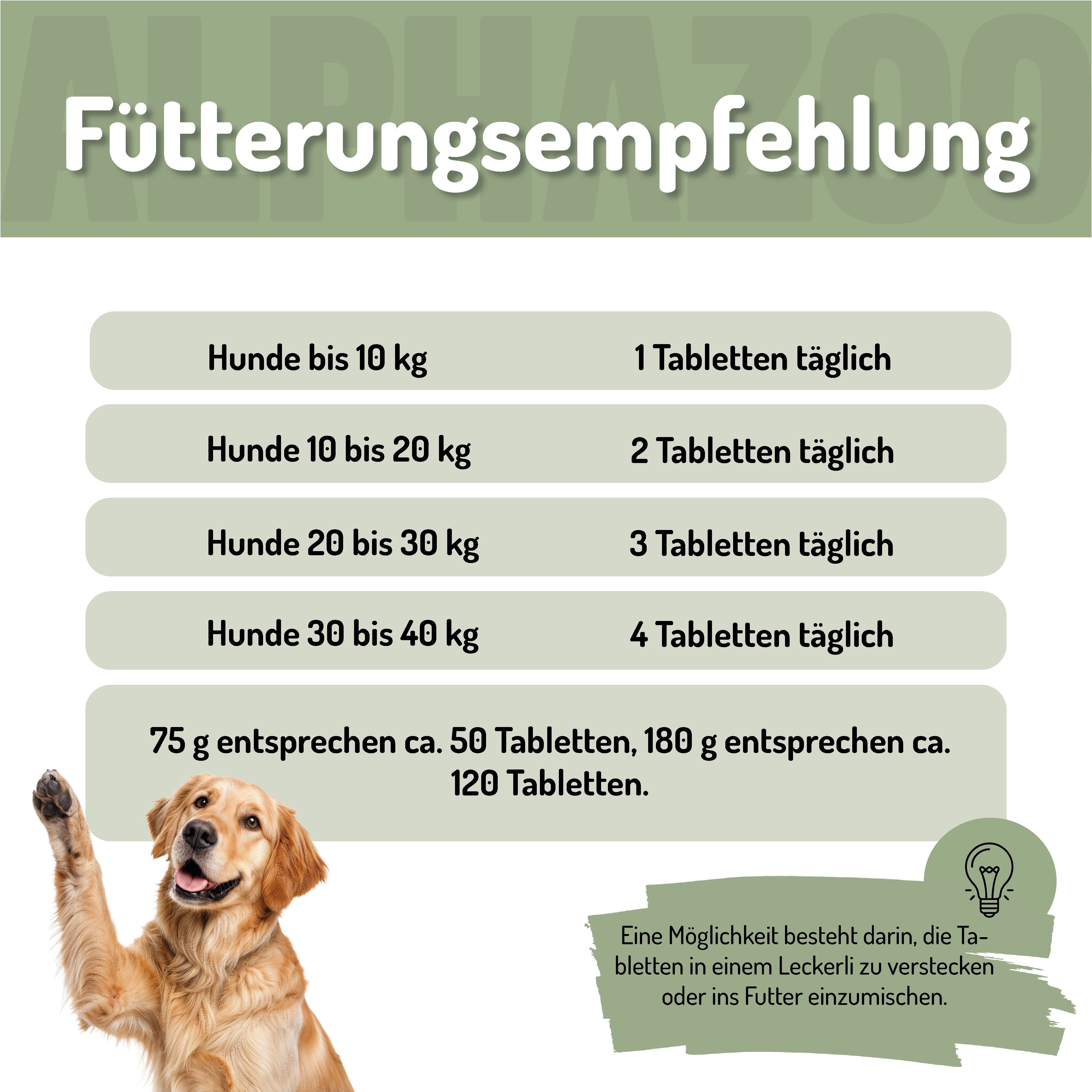 Fütterungsempfehlung für Hunde. Tabellen mit Dosierungen nach Gewicht. Hund zeigt auf eine Glühbirne.