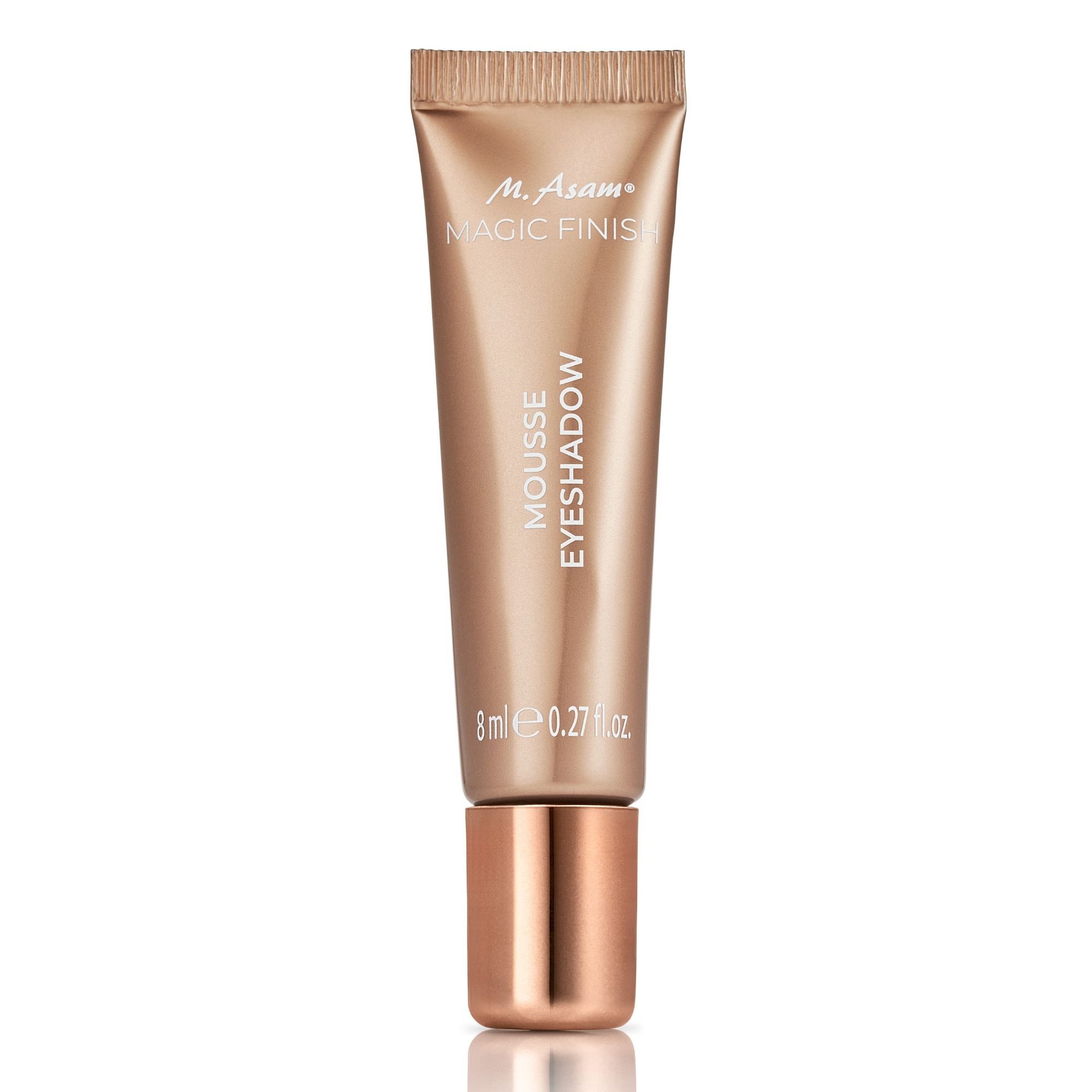 Tube M. Asam MAGIC FINISH Mousse Eyeshadow. Goldfarbenes Tube mit goldenem Deckel. Text: Mousse Eyeshadow. 8ml 0.27 fl.oz.