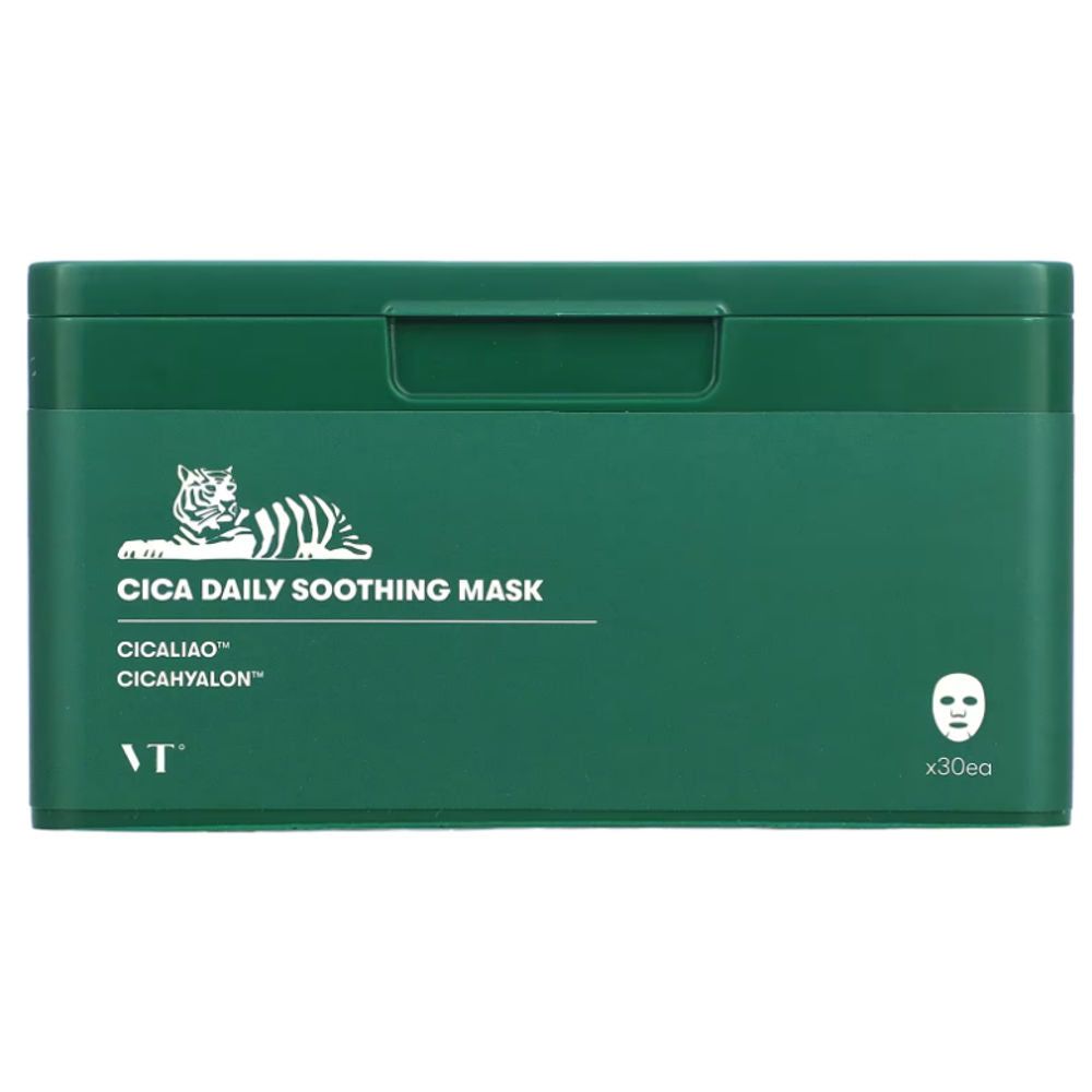 Grüne Box mit VT Cica Daily Soothing Mask. Enthält 30 Masken. Logo mit Tiger und Gesichtsmaske.