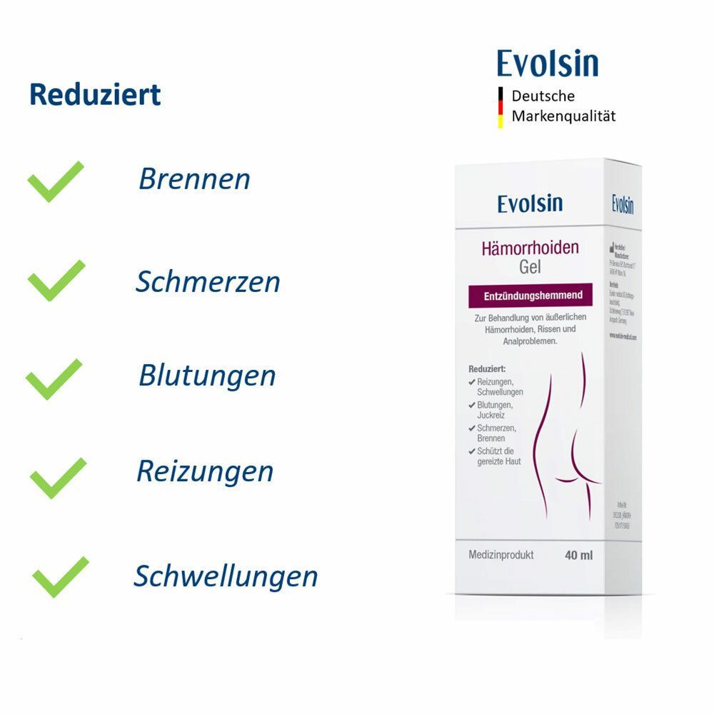 Faltschachtel mit Gel. Aufschrift: Evolsin® Hämorrhoiden Gel. Reduziert Brennen, Schmerzen, Blutungen, Reizungen, Schwellungen. 40 ml.