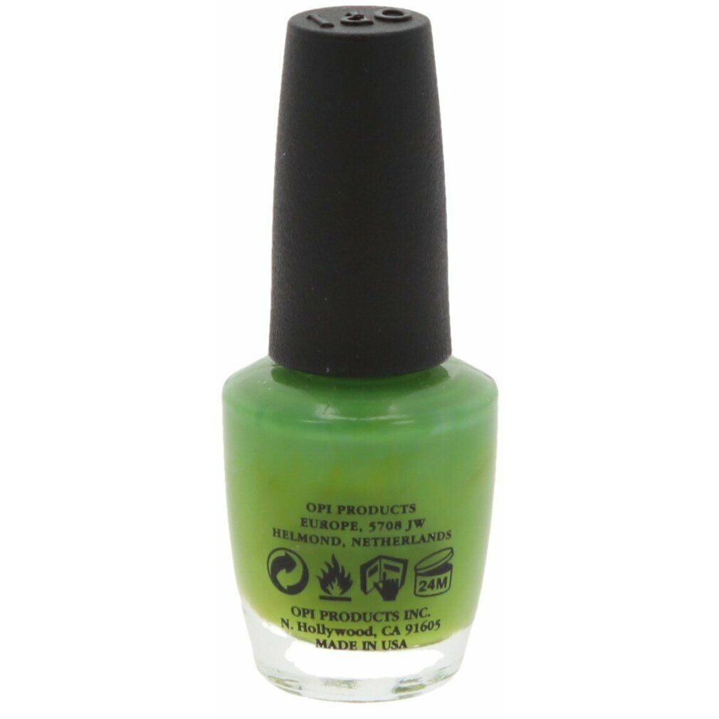 Rückseite des grünen Nagellackflakons. OPI-Produktinformationen und Symbole.