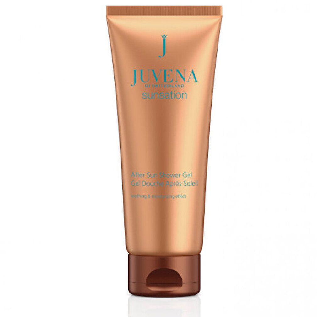 Beige Tube mit braunem Verschluss. Aufschrift: Juvena Sunsation After Sun Shower Gel. Türkisgrüne Schrift.