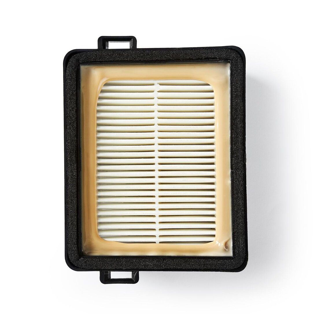 Rechteckiger Staubsaugerfilter mit schwarzem Rahmen und Lamellen.