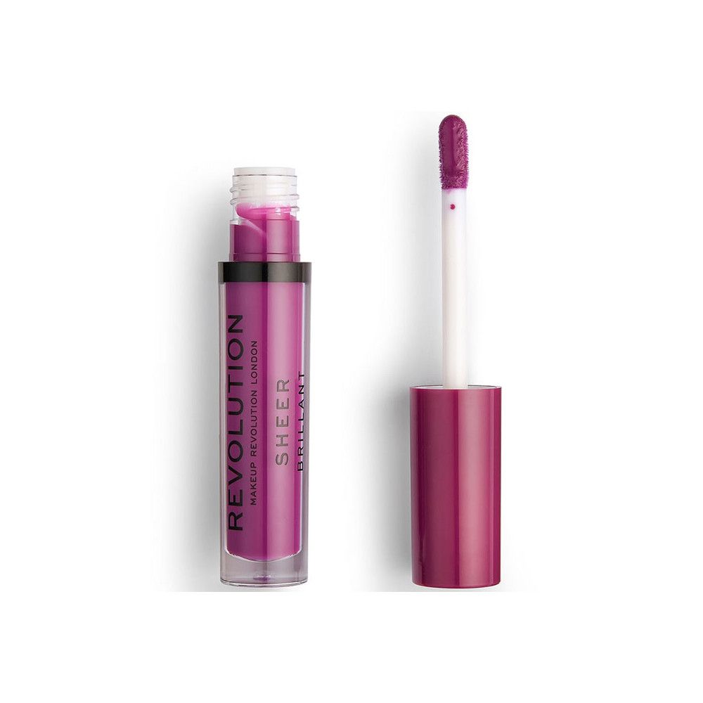Lipgloss-Fläschchen mit geöffnetem Deckel und Applikator. Der Lipgloss ist pinkfarben. Auf dem Fläschchen steht "REVOLUTION SHEER BRILLANT".