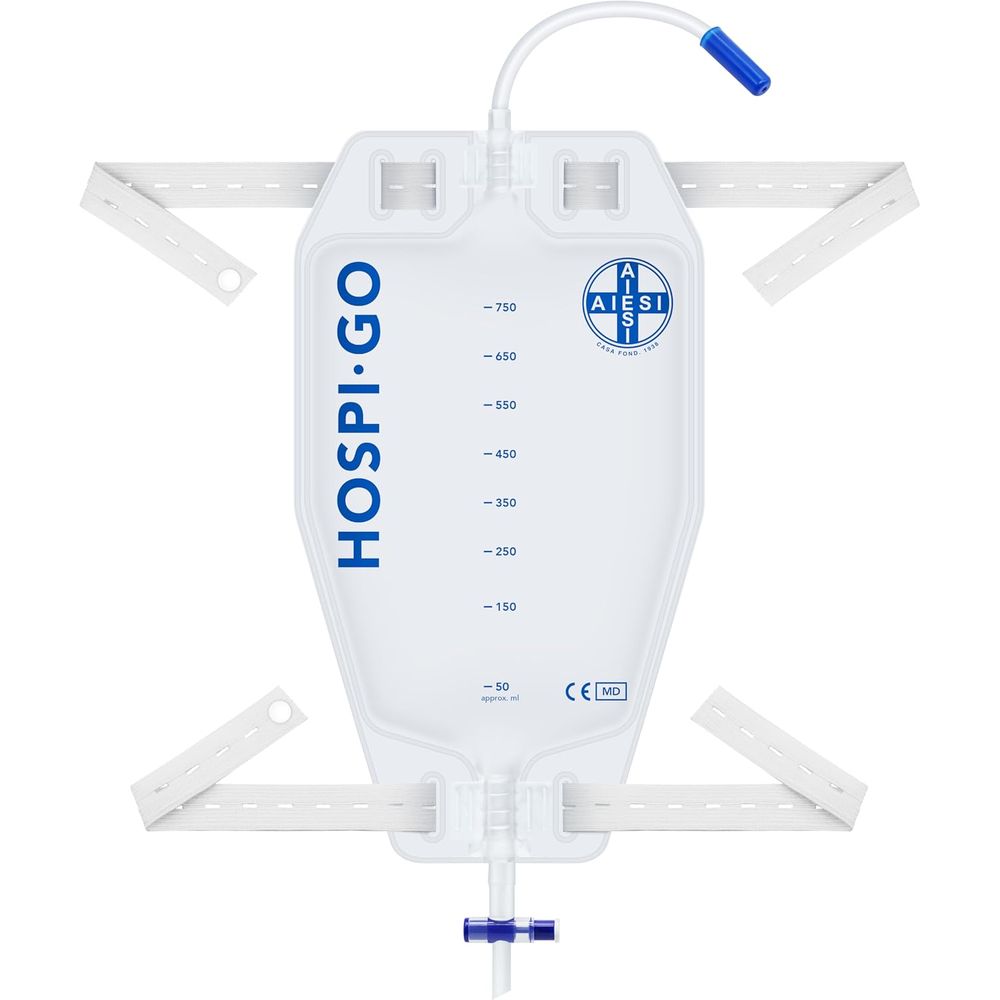Hospibag Urinbeutel für das Bein, mit Befestigungsgurten.