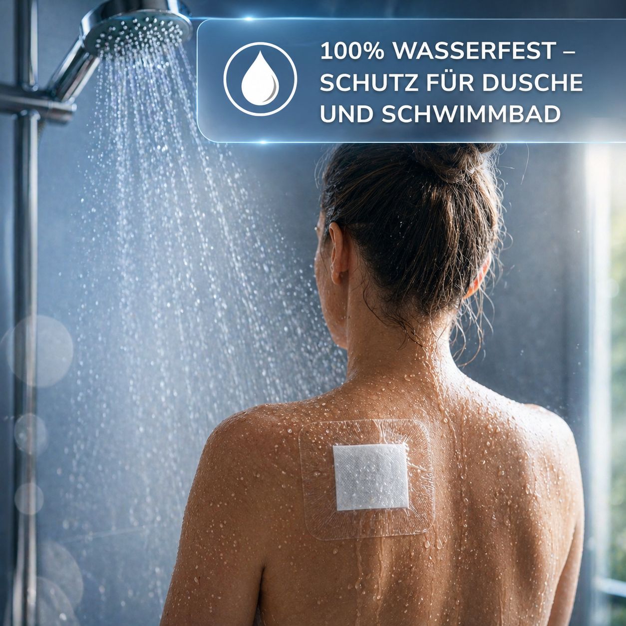 Frau duscht mit einem Health Press wasserfesten Wundpflaster auf dem Rücken.