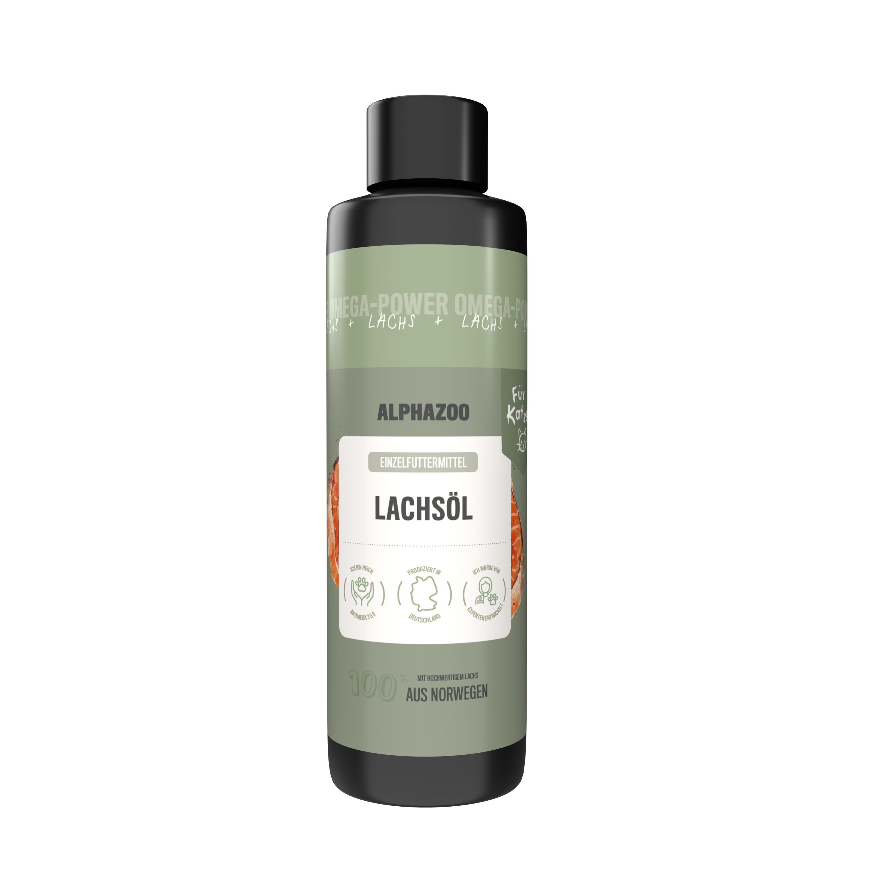 Braune Flasche mit schwarzem Deckel. Aufschrift: Lachsöl, alphazoo. Grün-weiße Etikettierung.