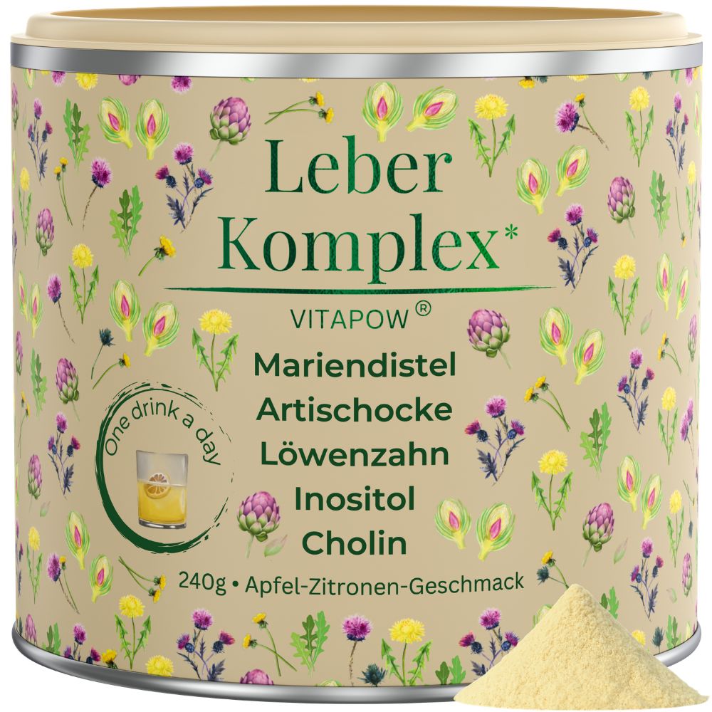 Dose mit Produkt. Text: Leber Komplex, Mariendistel, Artischocke, Löwenzahn, Inositol, Cholin. Pulver daneben.