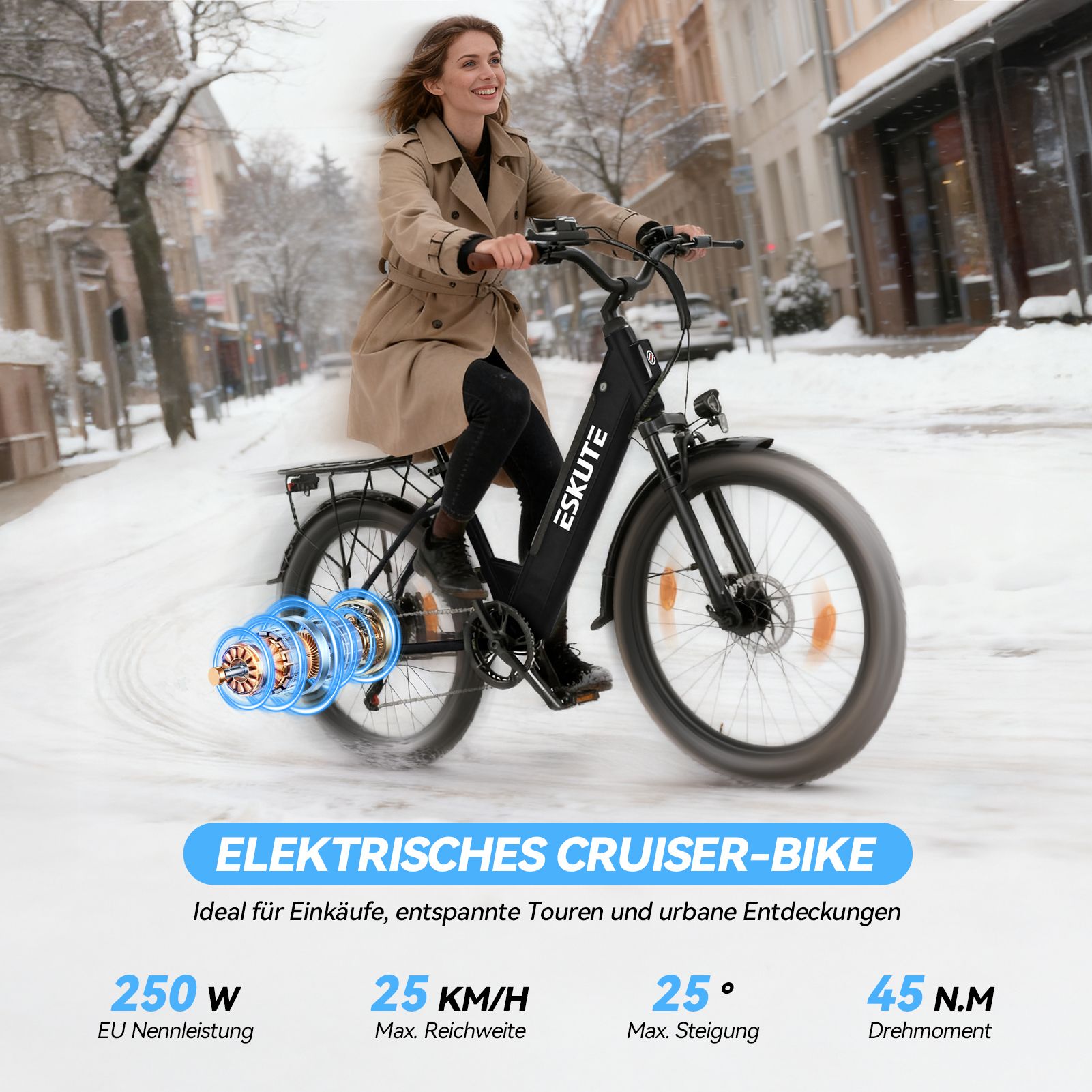 Eine Frau fährt ein schwarzes Elektro-Cruiser-Bike. Der Text zeigt: 250W Leistung, 25 km/h Reichweite, 25° Steigung, 45 N.M Drehmoment.
