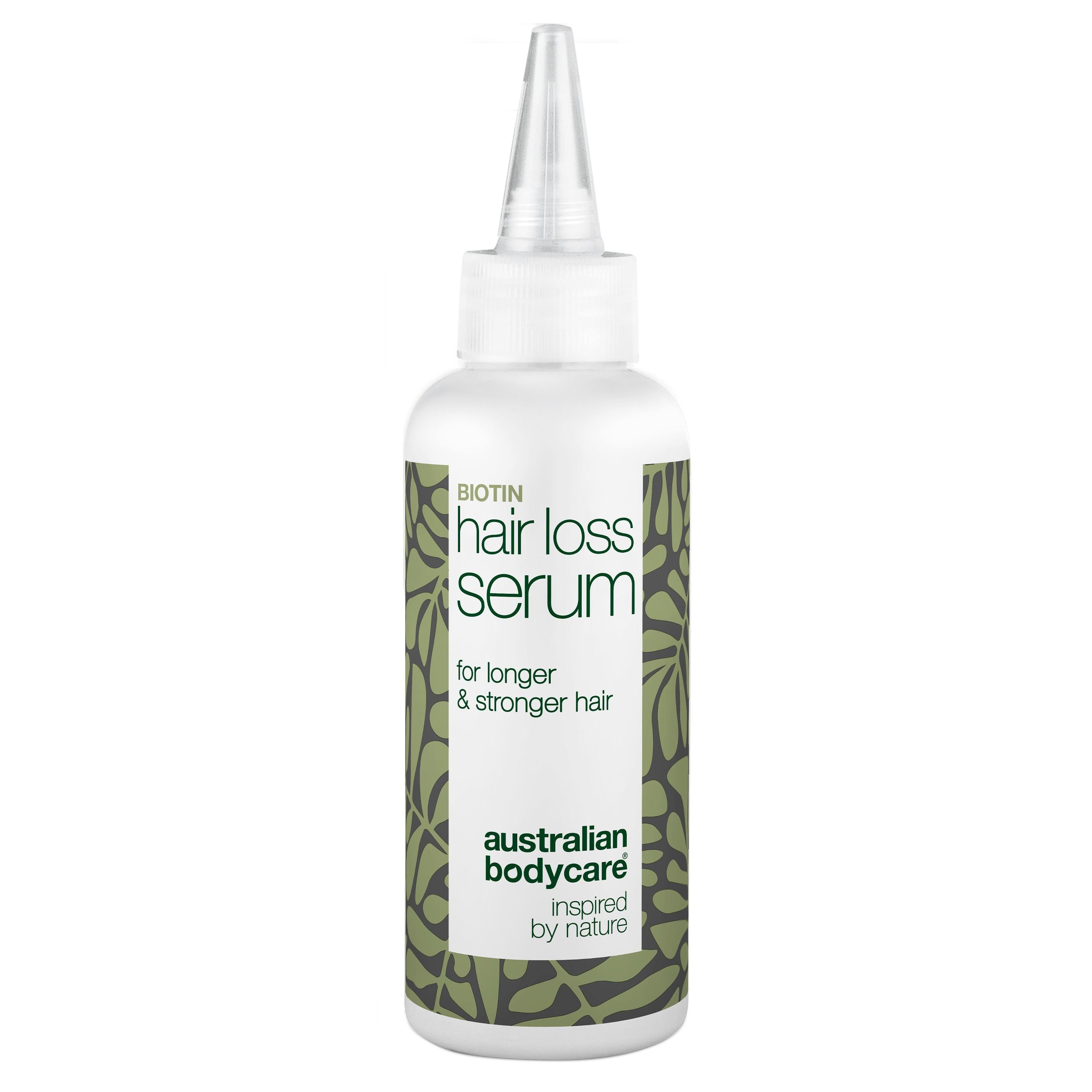 Serum-Flasche mit Aufschrift "Hair Loss Serum". Weißes Fläschchen mit Applikator. Marke: Australian Bodycare.