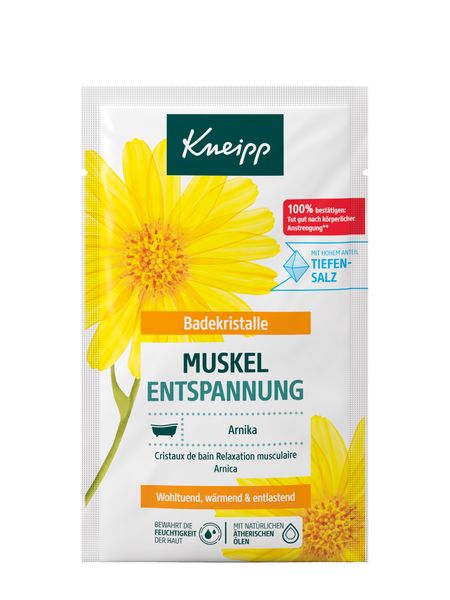 Beutel mit Kneipp Badekristalle Muskel Entspannung. Gelbe Blüte, Produktname und Text auf weißem Hintergrund.