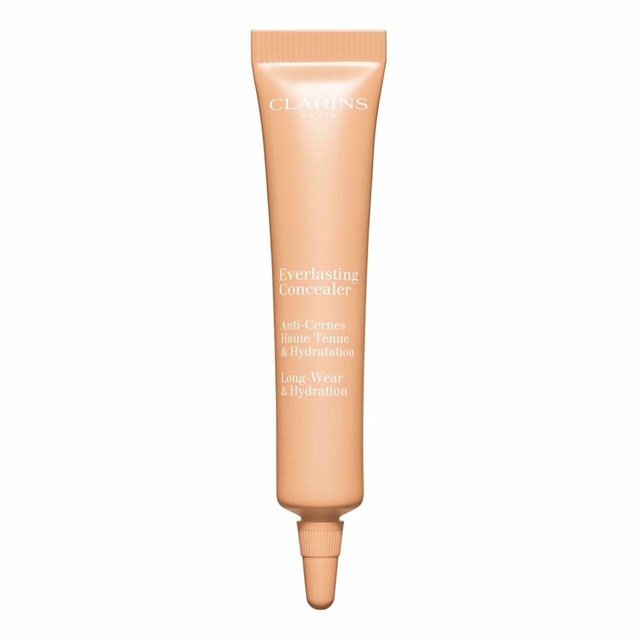 Concealer-Tube, hellbraun. Schriftzug: Clarins, Everlasting Concealer. Anti-Cernes, Haute Tenue & Hydratation. Long-Wear & Hydration.