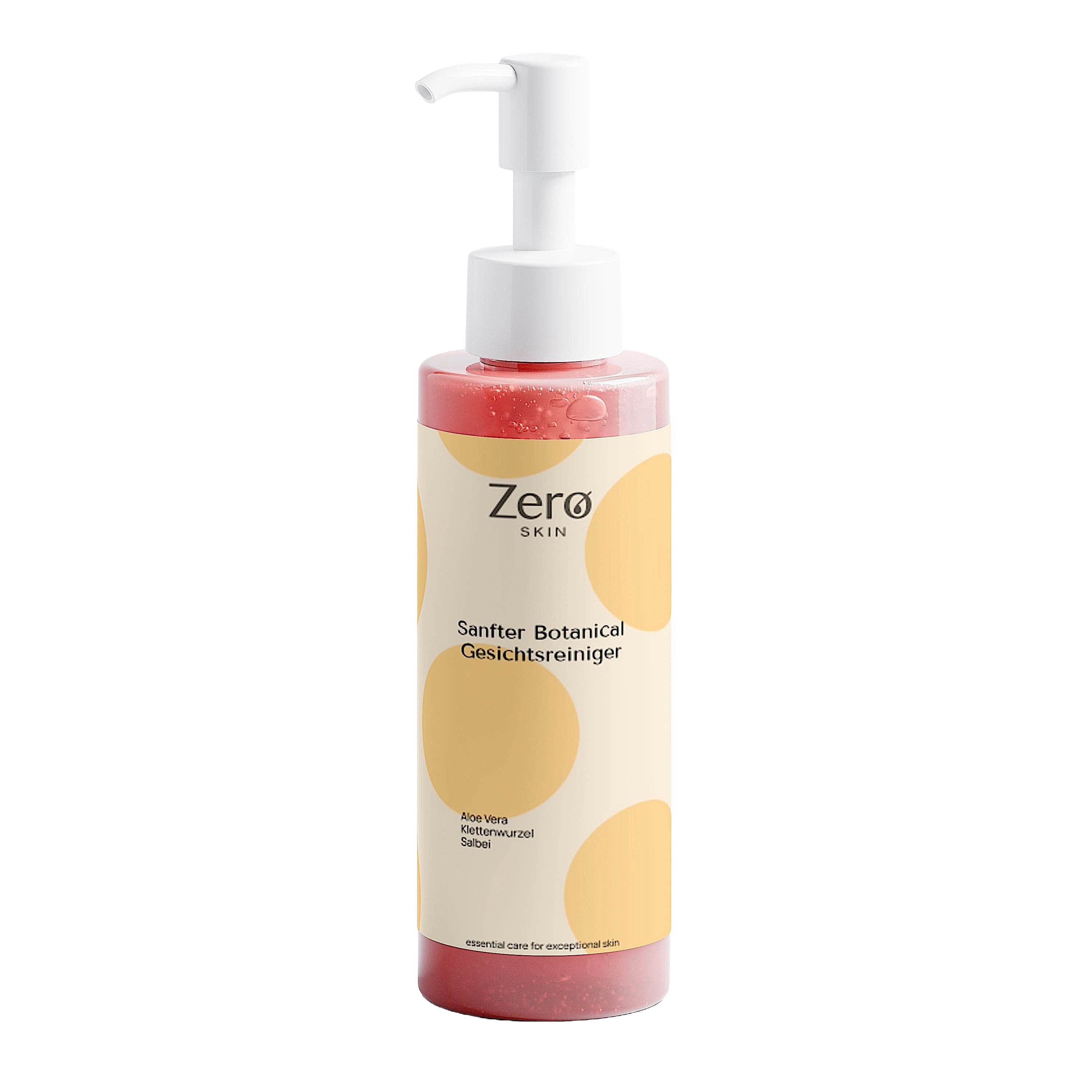 Flasche mit Pumpspender, gefüllt mit rosafarbenem Gesichtsreiniger. Etikett mit "Zero Skin" und "Sanfter Botanical Gesichtsreiniger".