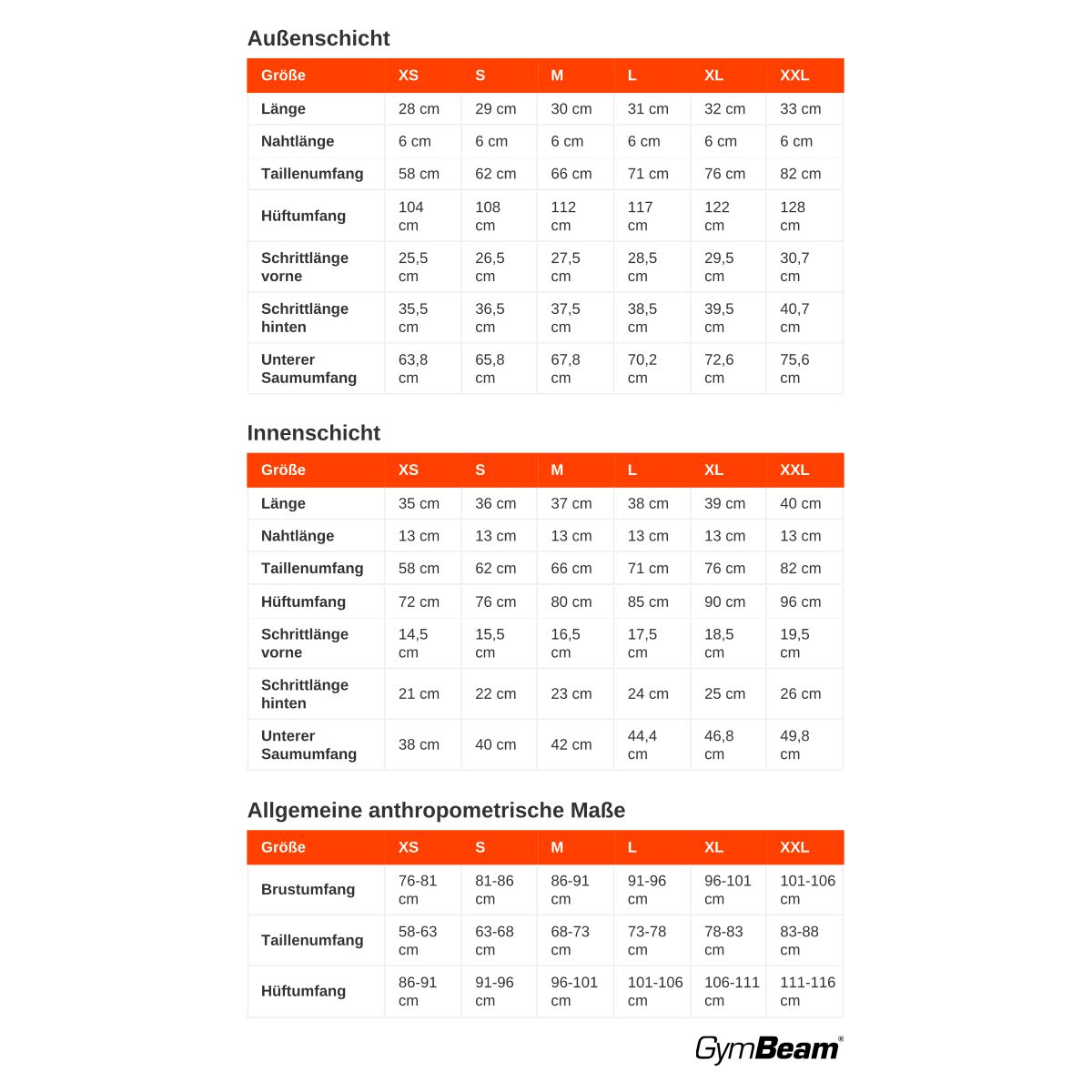 Größentabelle für Bekleidung mit Maßen für Außen- und Innenschicht sowie allgemeine anthropometrische Maße.