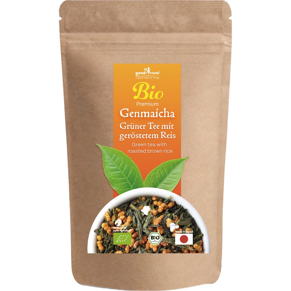 Braune Papiertüte mit Aufkleber. Aufkleber mit "Bio Genmaicha" und grünen Blättern. Enthält gerösteten Reis.