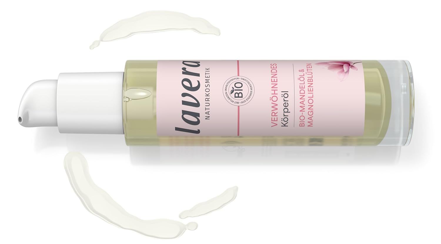 Körperöl-Flasche mit Pumpe. Aufschrift: lavera, Verwöhnendes Körperöl, Bio-Mandelöl & Magnolienblüten. Bio-Siegel.