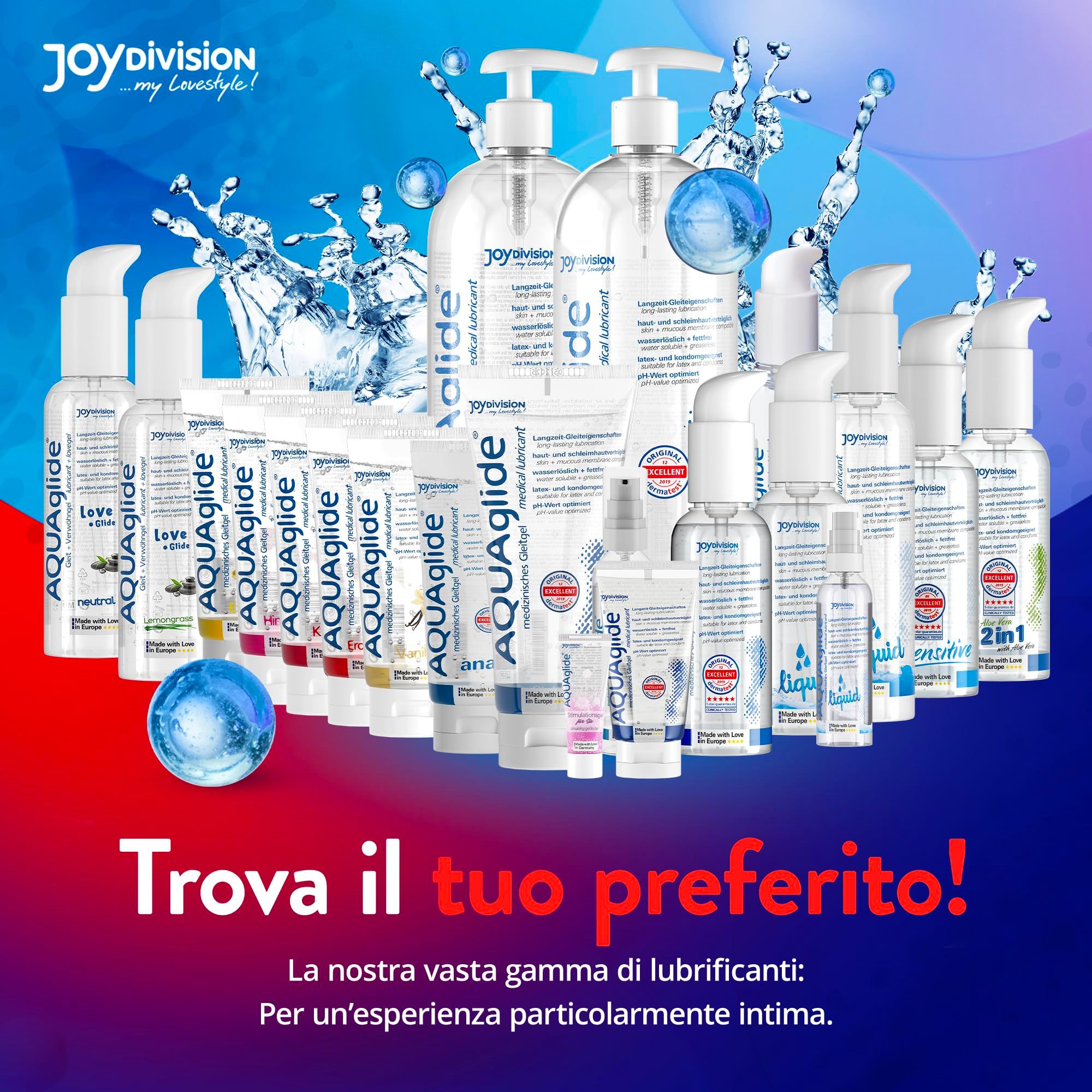 Vielfalt der Joydivision AQUAglide Gleitgele in verschiedenen Flaschen und Tuben, mit Wasser-Effekten.
