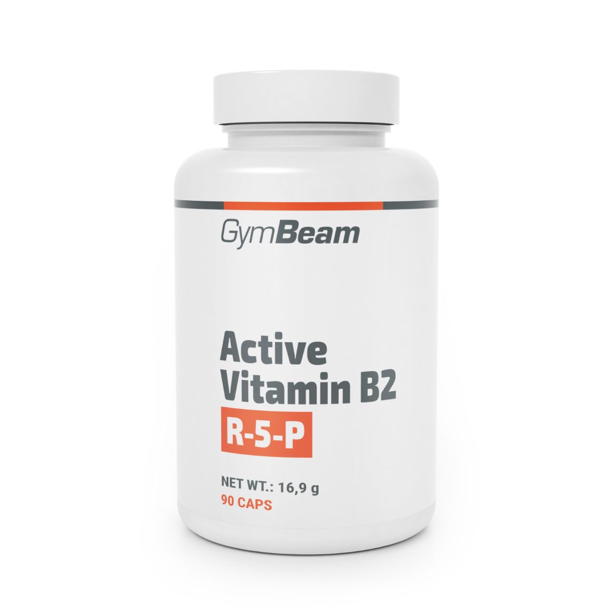 Weiße Kapsel mit GymBeam-Logo und Aufschrift 'Active Vitamin B2 R-5-P'. Enthält 90 Kapseln.