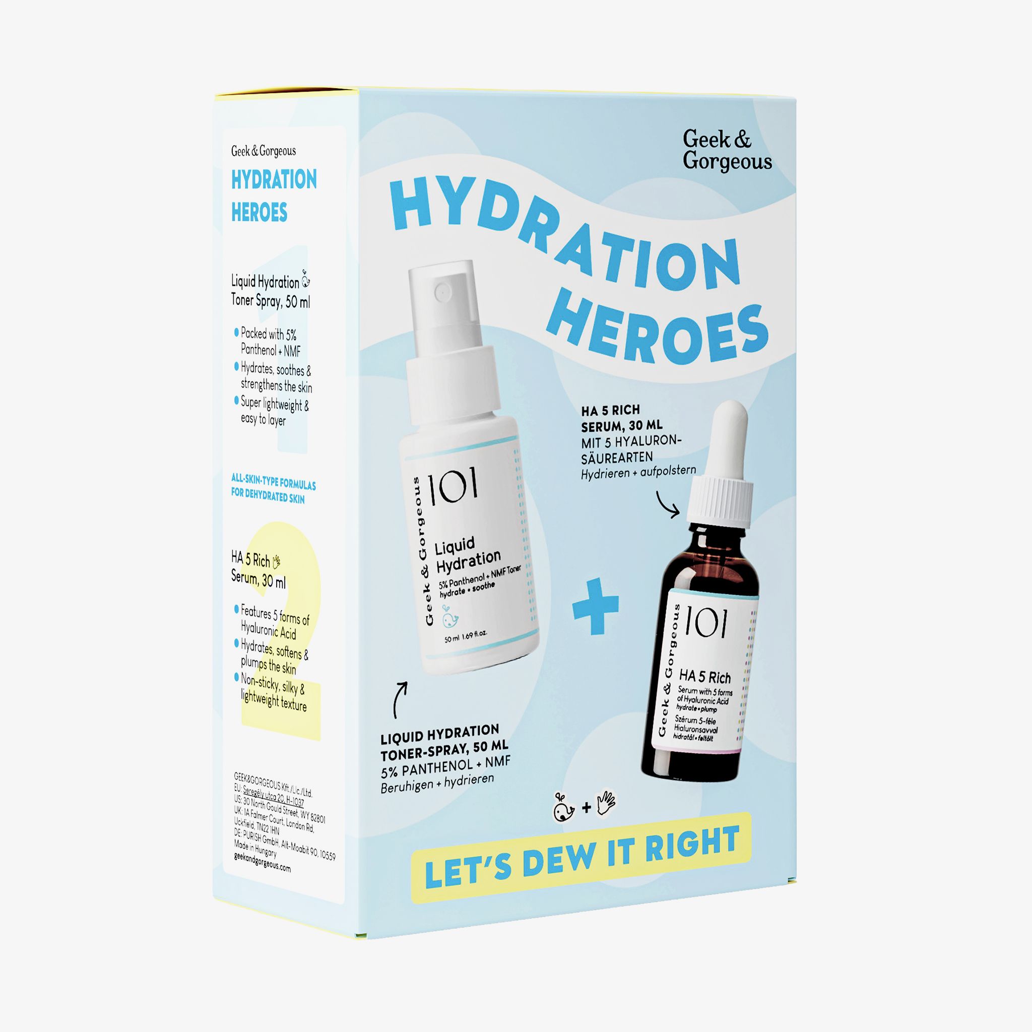 Verpackung mit zwei Flaschen und einer Sprühflasche. Aufschrift: Hydration Heroes. Enthält HA 5 Rich Serum und Liquid Hydration.