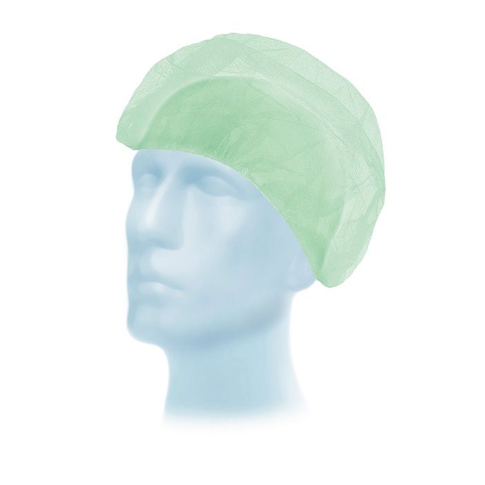 Grüne Schwesternhaube aus Vliesstoff, auf einem blauen Schaufensterkopf.